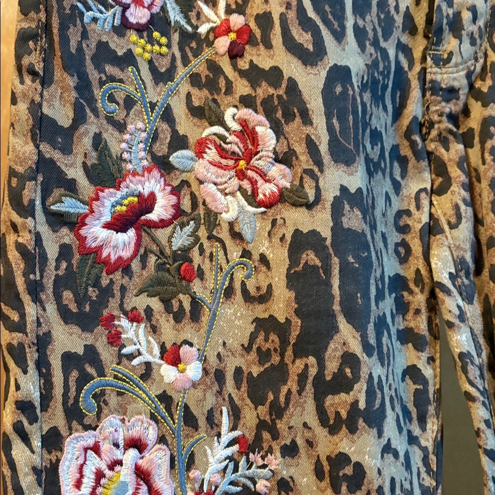 Leopard Print Embroidered Jeans; Size 10 - Picture 2 of 9